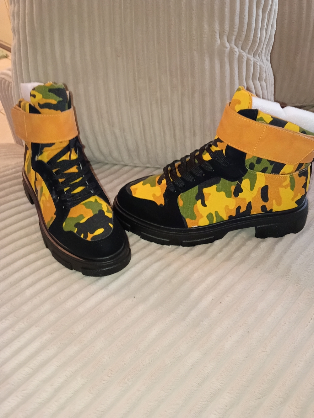 Yellow Camo High-Top Ankle Booties